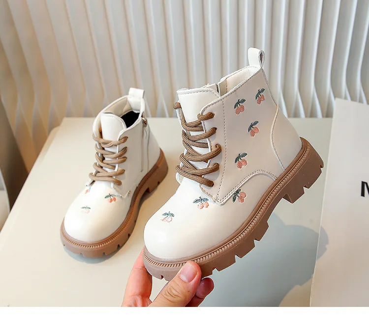 Girl's Ankle Boot Sweet Fashion Embroider Children Spring Autumn Leather Boots Causal Versatile Kid Princess Shorts Single Boots