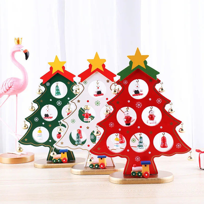 Holiday Tabletop Décor Carved Wood Xmas Tree 6 Hole Centerpiece for Mantel Scene Christmas Village Diorama Craft Ornament
