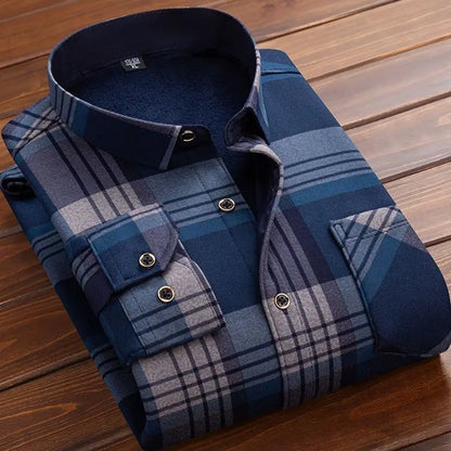 2025 Men's Autumn Winter Casual Fleece Plaid Shirt Fashion Soft Warm Turn Down Collar Long Sleeve Shirt Male High-Quality Tops