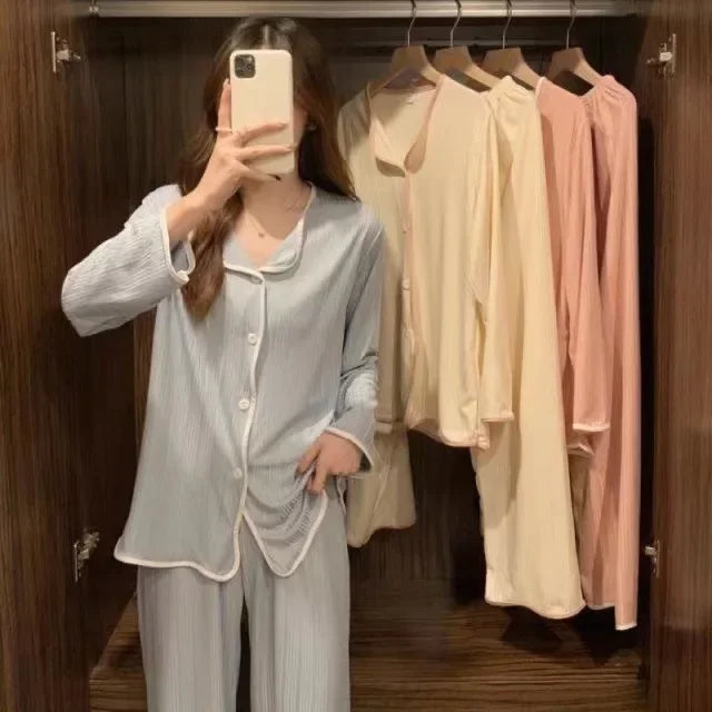 Women Long Sleeve Trousers Cotton Pajamas Dormir Lounge Sleepwear Solid White Pajama Mujer Bedroom Home Clothes Female Pajamas