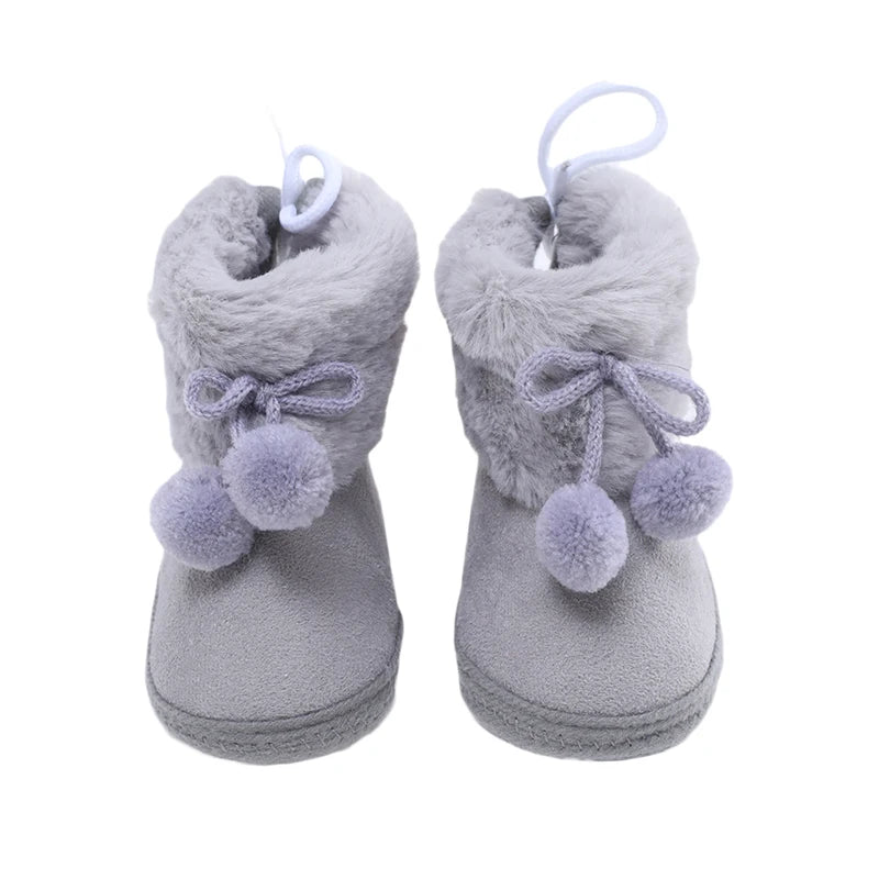 Suefunskry Toddler Baby Girls Boys Boots Winter Warm Soft Sole Fluffy Lace up Boots Cute Plush Pom Decoration Non Slip Shoes