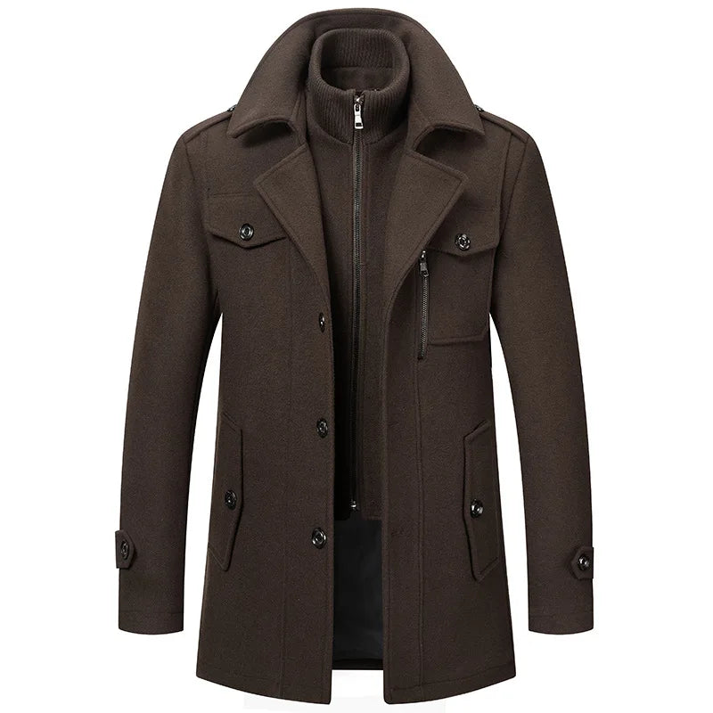2025 Men's Woolen Coat Middle-aged Double Collar Autumn And Winter Warm Fashion Slim-fitting Woolen Men's Coat Pocket