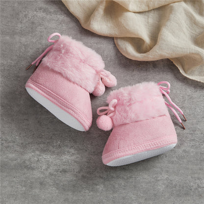 Suefunskry Toddler Baby Girls Boys Boots Winter Warm Soft Sole Fluffy Lace up Boots Cute Plush Pom Decoration Non Slip Shoes