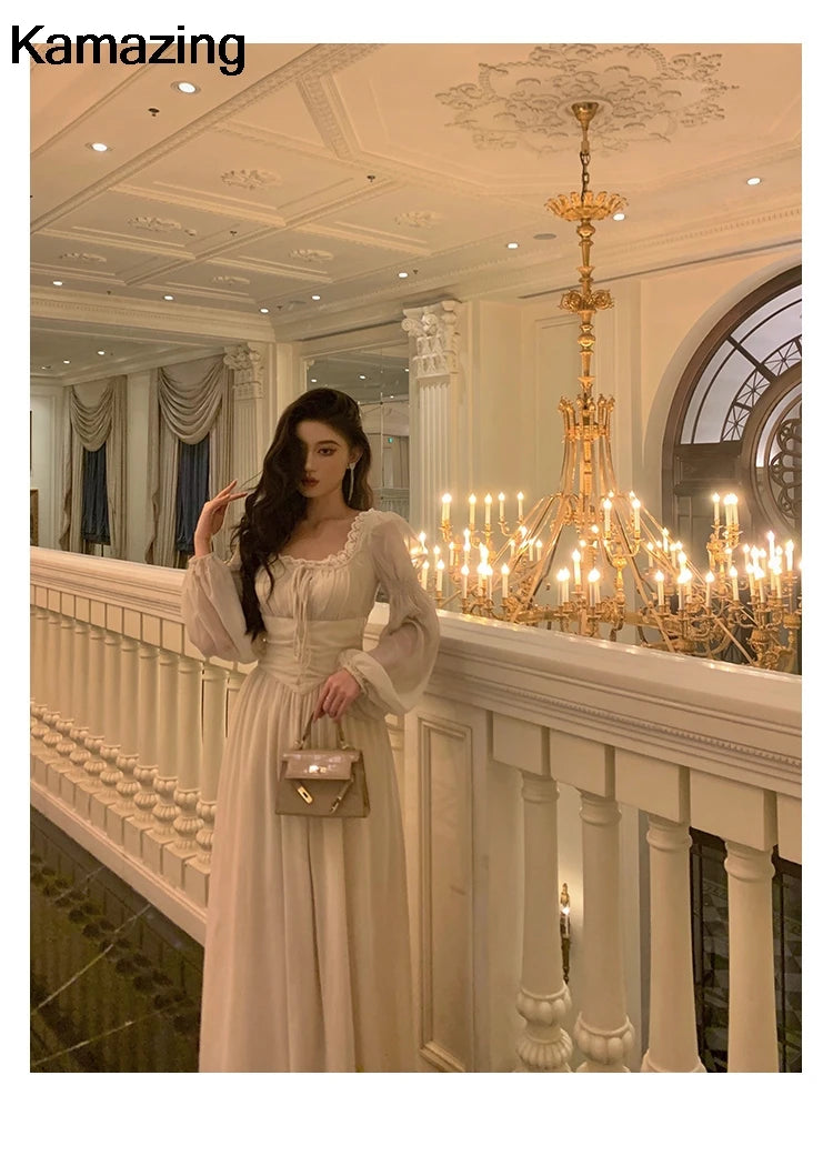 Elegant Square Collar Lace Dress Princess Evening Party Midi Dresses Women Autumn High Waist A-line Prom Robe One Piece Vestidos