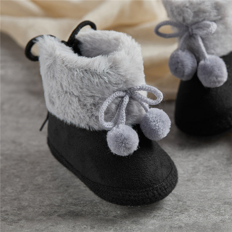 Suefunskry Toddler Baby Girls Boys Boots Winter Warm Soft Sole Fluffy Lace up Boots Cute Plush Pom Decoration Non Slip Shoes