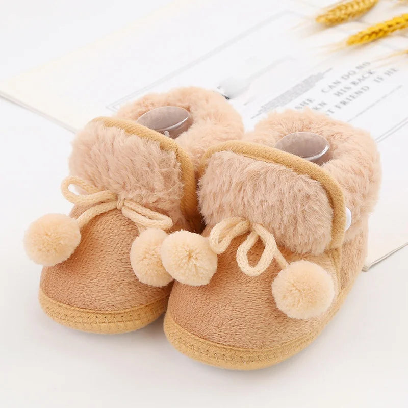 Winter Snow Baby Boots Faux Fur Warm Fluff Balls Indoor Cotton Soft Sole Infant Newborn Toddler Baby Shoes 0-18M