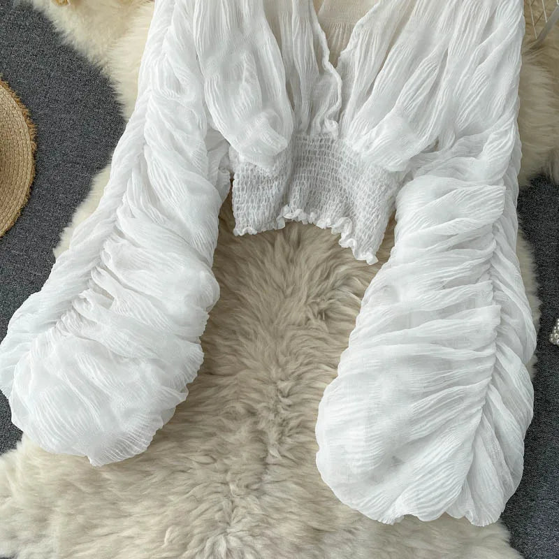 Women Sexy Chiffon Short Blouse Female See Through Super Long Sleeve Purple/Green/Black/White Folds Party Tops 2025 New