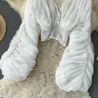 Women Sexy Chiffon Short Blouse Female See Through Super Long Sleeve Purple/Green/Black/White Folds Party Tops 2025 New