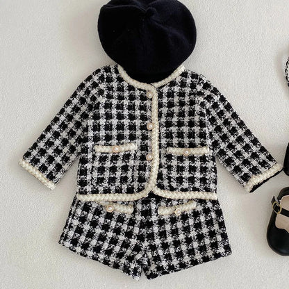 Autumn Winter Korean Style Newborn Baby Girls Clothing Set Long Sleeved Plaid Cardigan Coat+ Shorts 0-3Yrs Children Clothes Suit