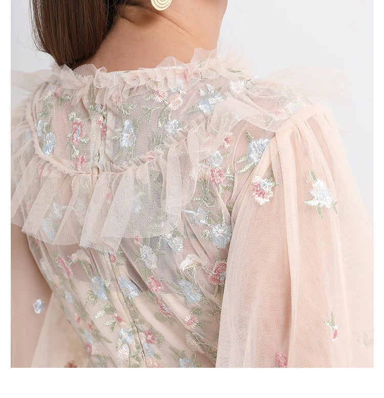 Runway Luxury Long Dresses Women 2025 Summer Holiday Embroidery Flower Ruffles Midi Party Evening Dress Lady Prom Vestidos