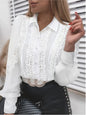 Shirts Elegant Office Ladies White Collared Lace Patchwork Hollow Out Button Up Women's Tops And Blouses 2025 Fashion New Blouse