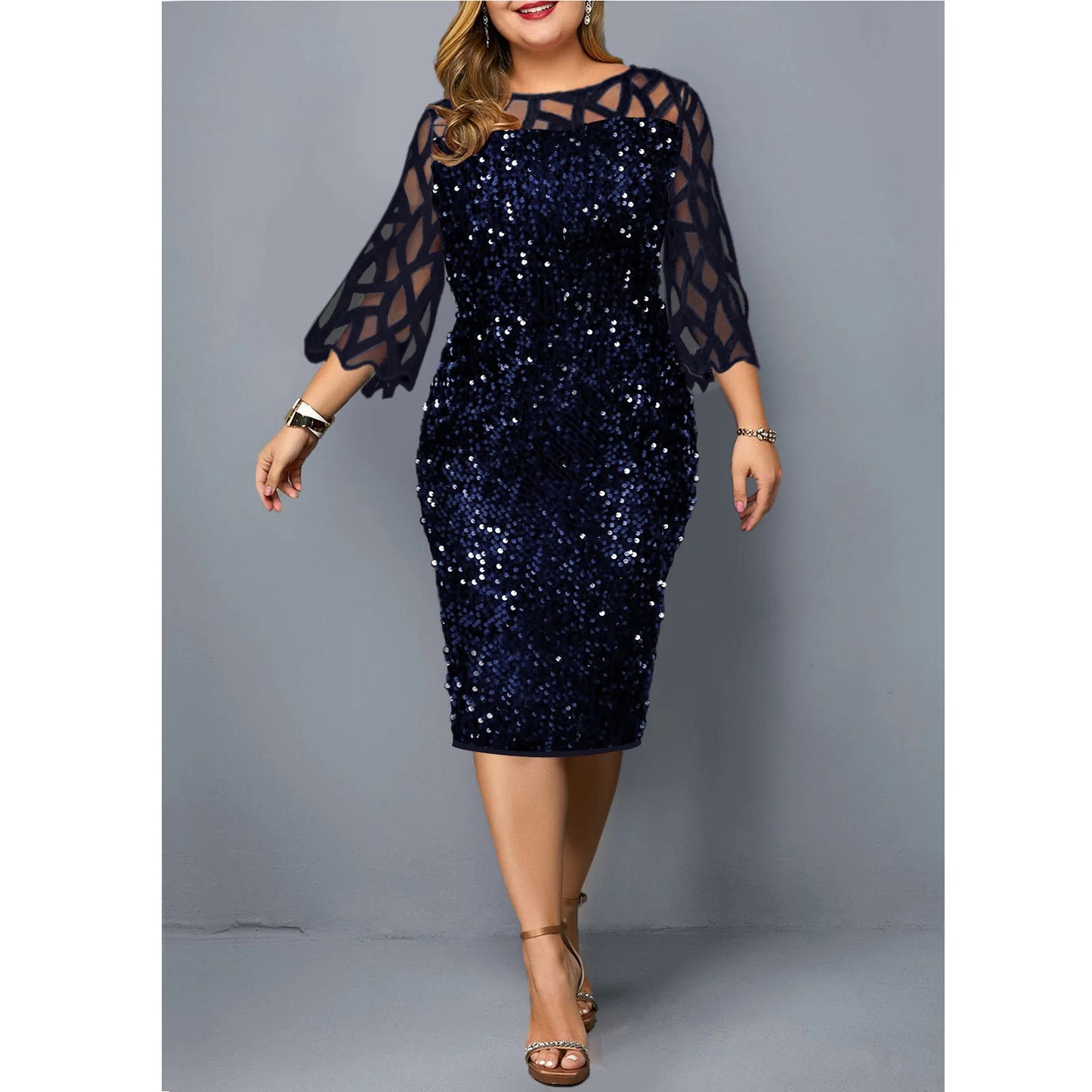 Elegant Sequin Plus Size 4XL 5XL Women Midi Dress Sexy Casual Evening Party Dress Gown Wedding Luxury Robe Rouge Vestidos