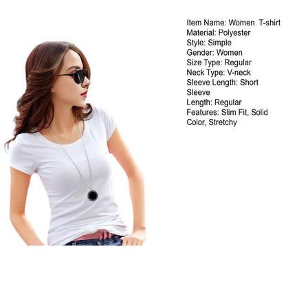Women T-shirt V-neck Short Sleeve Slim Fit T-shirt Solid Color Pullover Tops Stretchy Bottoming Shirt Women Blouse Streetwear