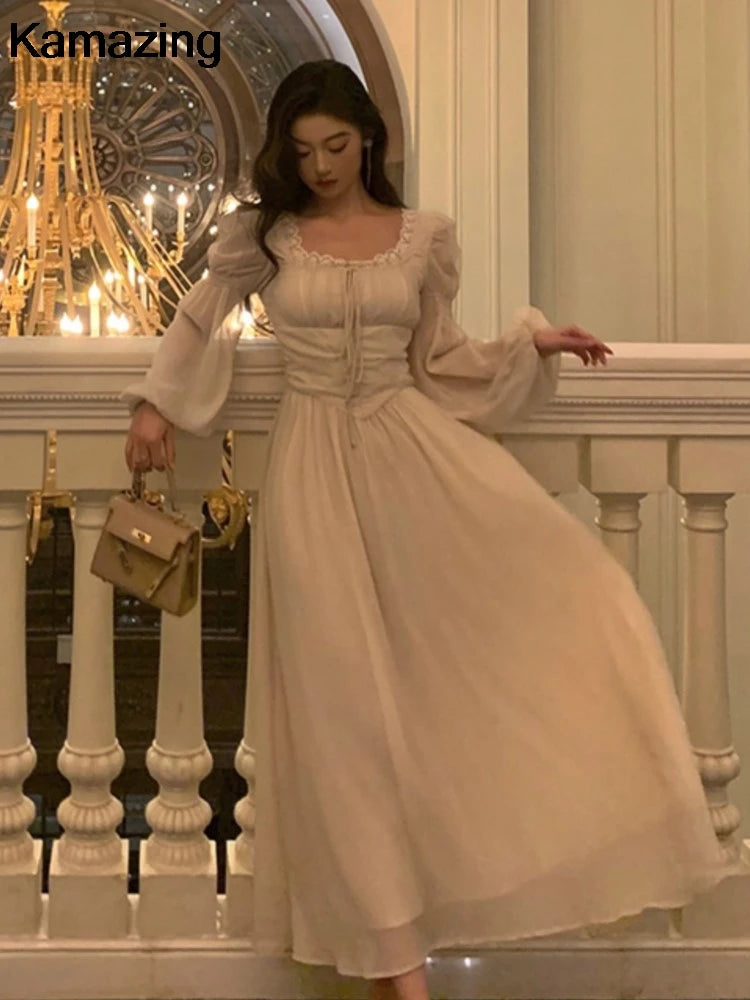 Elegant Square Collar Lace Dress Princess Evening Party Midi Dresses Women Autumn High Waist A-line Prom Robe One Piece Vestidos