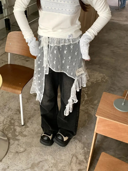 Fashion Star Gauze Sweet Irregular Chic Women Skirts Japanese Y2k Aesthetic Split Skirt Vintage Casual Lace Ruffled Fairy Faldas