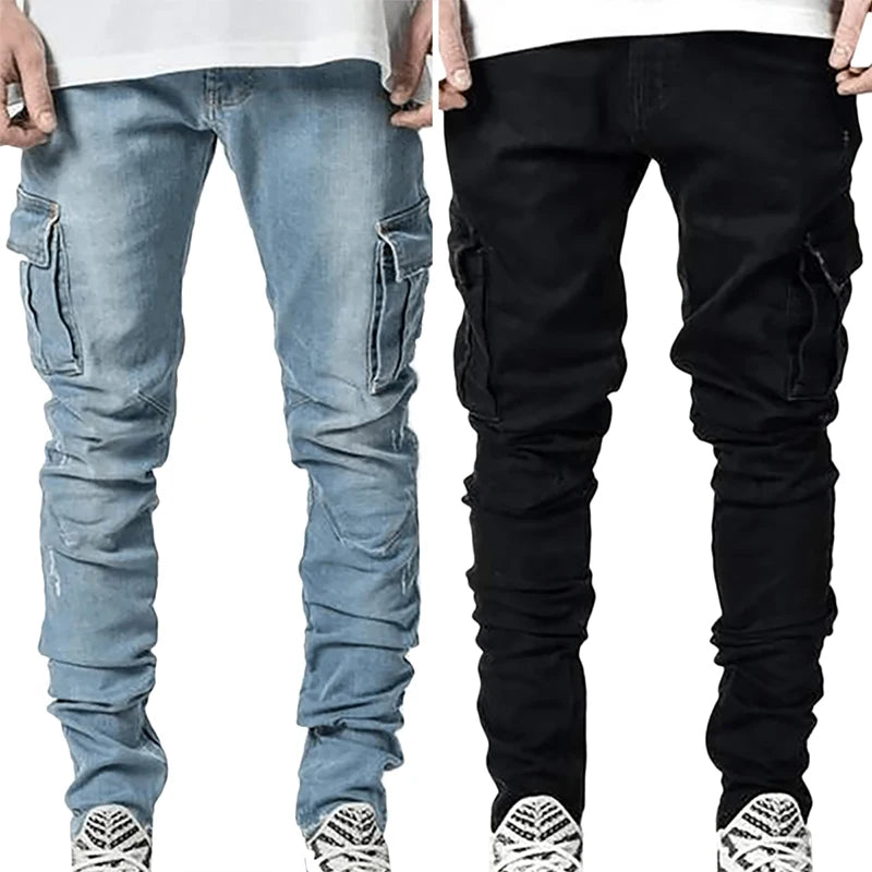 Jeans Men Pants Wash Solid Color Multi Pockets Denim Mid Waist Cargo Jeans Plus Size Fashion Casual Trousers Male Daily Wear