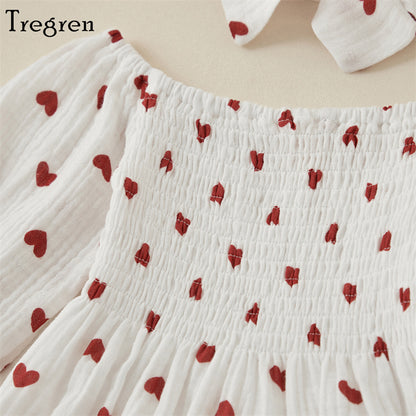 Tregren Infant Baby Girls Valentine's Day Romper Heart Print Long Sleeve Boat Neck Jumpsuits Spring Fall Bodysuits with Headband