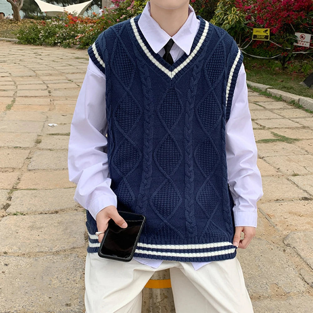 Men's Classic Contrast Color Thermal V-Neck Comfortable Cardigan Sleeveless Slight Stretch Solid Vest Simple Loose Waistcoat Tops