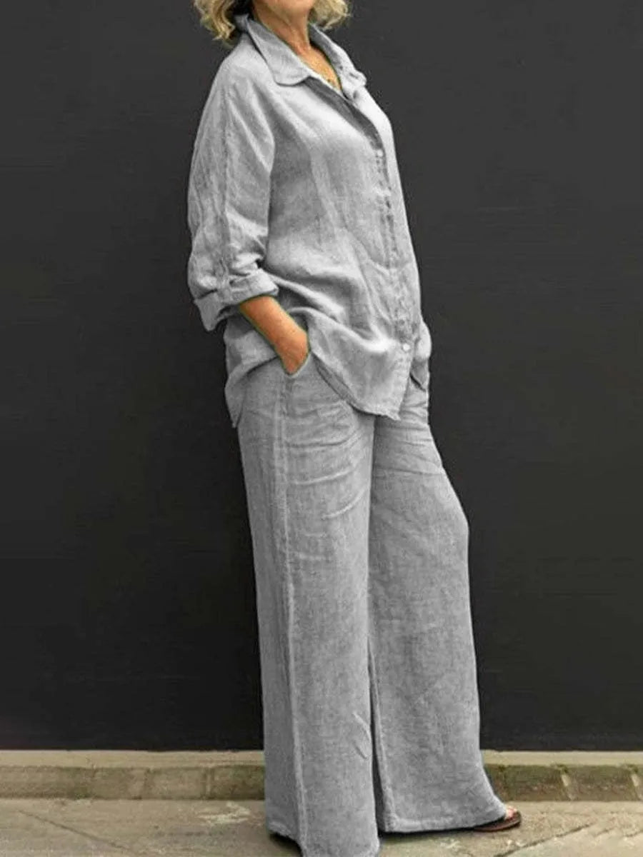Casual Cotton Linen Two Pieces Set Women Autumn Long Sleeve Shirt Trousers Set Fashion Solid Straight Pants Suits Women Outfits