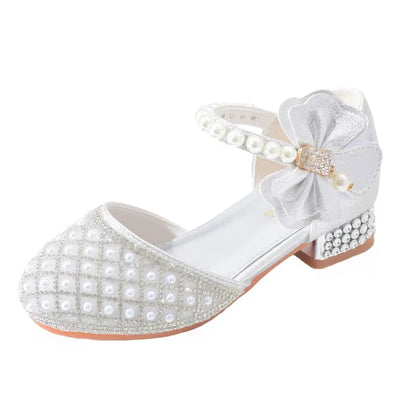 Rhine stones Princess Party Shoes Shiny Crystal Bow White Children High Heels Girls Sandals Summer Kids Student Performance Shoes