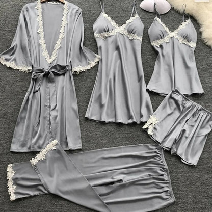 2025 Five-Piece Pajamas Women's Summer Half Sleeve Bridal Gown Plus Size Home wear Nightgown Bathrobe European and American