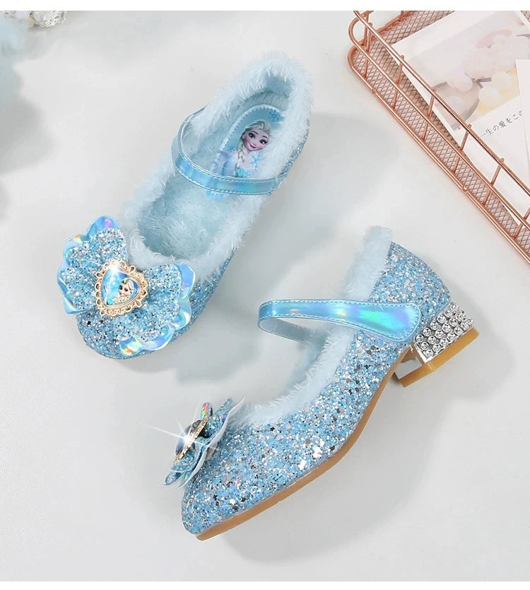 Disney Princess Kids Warm Winter Shoes for Girls Elsa Casual Glitter Children Flat Heel Girls Shoes Butterfly Knot Blue Pink
