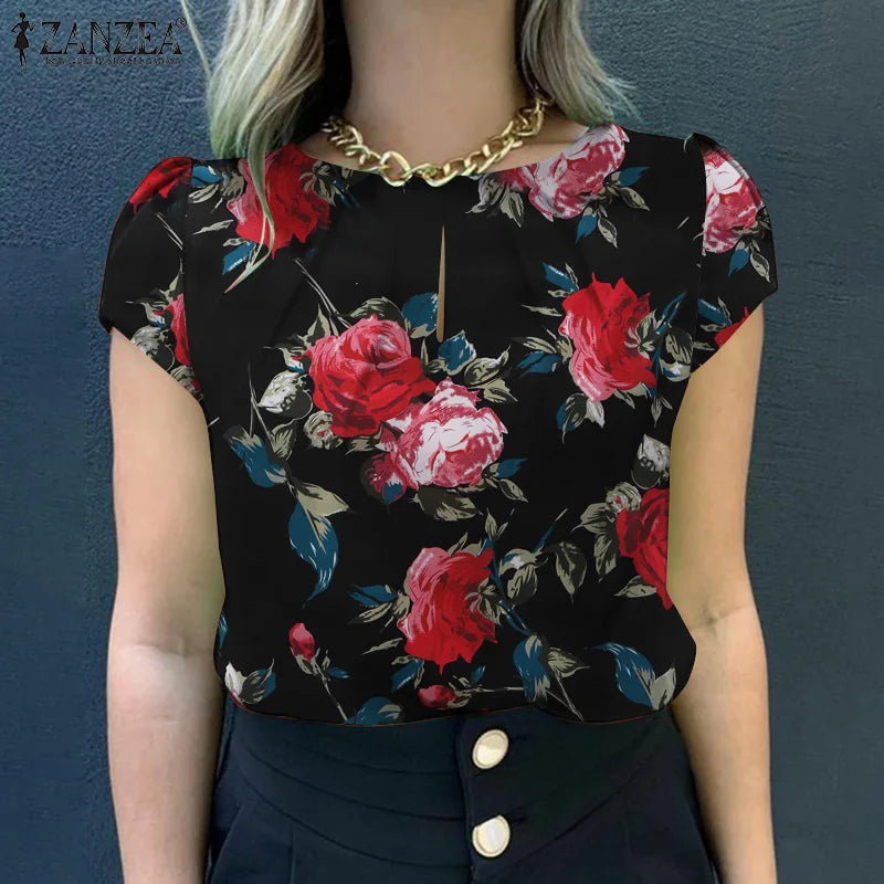 ZANZEA Summer Bohemian Short Sleeve Floral Printed Blouse Women Vintage Holiday Party Shirt Casual Beach Tops Tunic Bulses 2025