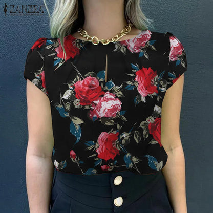 ZANZEA Summer Bohemian Short Sleeve Floral Printed Blouse Women Vintage Holiday Party Shirt Casual Beach Tops Tunic Bulses 2025