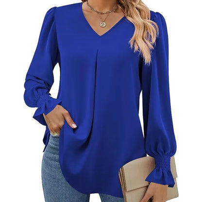 Women's New Solid Color Chiffon Shirt V-neck Pullover Flared Long Sleeved Top Shirt Office Lady Elegant Khaki Loose Blouse