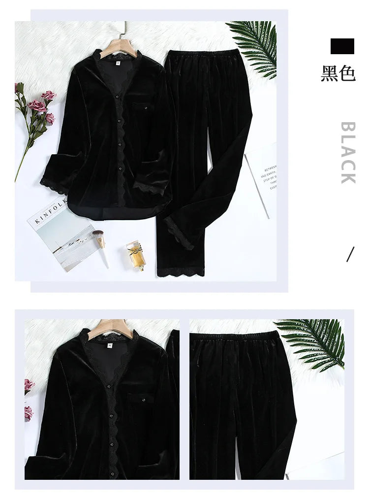 2PCS Velvet Pajamas Set For Women Winter Warm Pajama Sexy Female Valor V-neck Lace Home wear Autumn New Long Pant Pijamas Suit