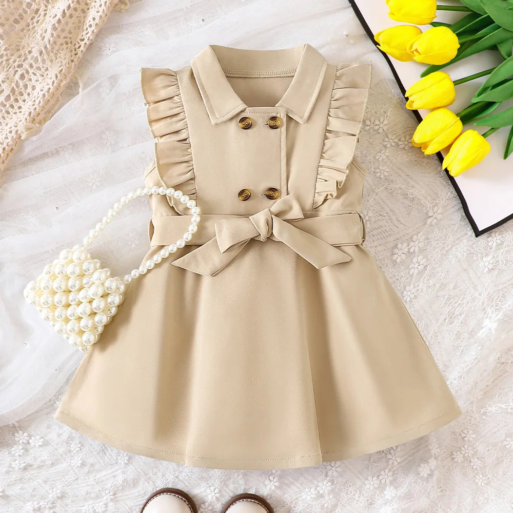 Wholesale Kids Girls Retro Solid Color Trench Belted Dress Double Breasted Elegant Summer Baby Dress