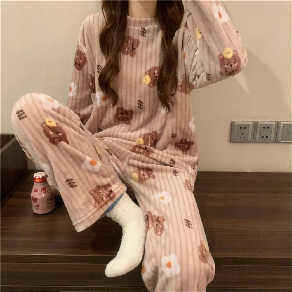 Flannel Long sleeve cartoon sleepwear suit Cozy Thick Warm Cartoon Sleepwear Suit Stylish Women's pajamas set for Autumn Winter