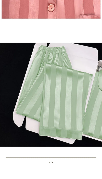 Women's Pajamas Sets Spring Autumn 2 Piece Striped Pajama Faux Silk Satin Sleepwear Long Sleeve Button Pajama Mujer Pjs Home wear