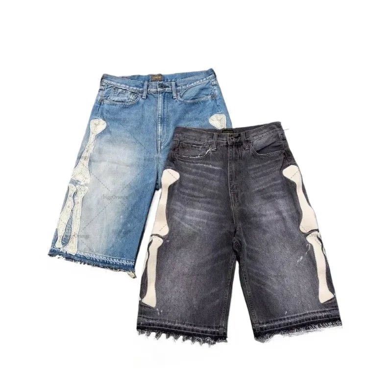 2025 European and American Summer Retro Skeleton Denim Shorts Sports Casual Shorts New Couple Wear Street Wear Five-Fifth Pants