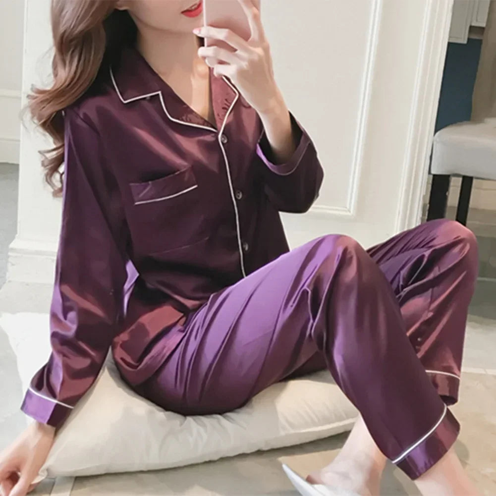 Women Satin Long Sleeve Pajama Set Lapel Top And Pants Solid Pajamas Loungewear 2025 New Arrival Drop-shipping