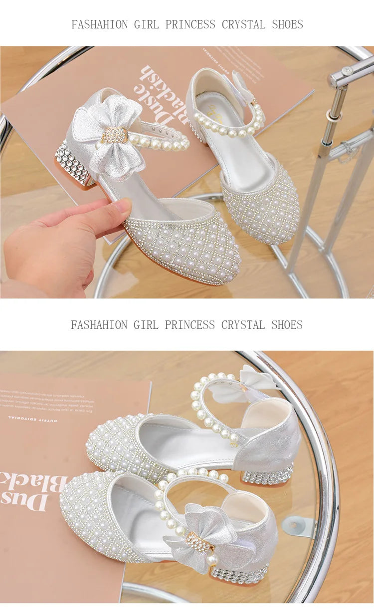 Rhinestones Princess Girls Party Shoes Children Shiny Crystal Bow High Heels Girls Sandals Summer Kids Student Performance Shoes