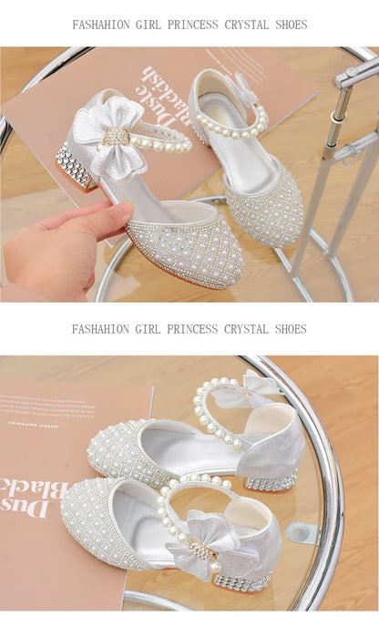 Rhinestones Princess Girls Party Shoes Children Shiny Crystal Bow High Heels Girls Sandals Summer Kids Student Performance Shoes