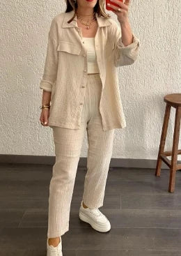 Summer outfits for women 2025 New Loose Button Long Sleeve Shirt and Cropped Pants Casual Sports Summer women's suit Pants Set