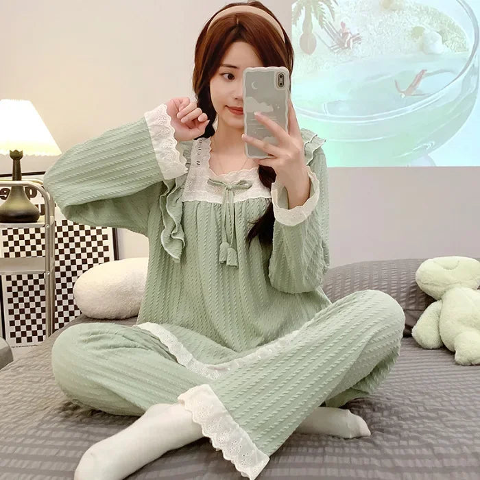 5XL Plus Size Spring Ladies Pajamas Set Princess Style Cotton Soft Sleepwear Square Neck Long-sleeve Trousers suit Household Wear