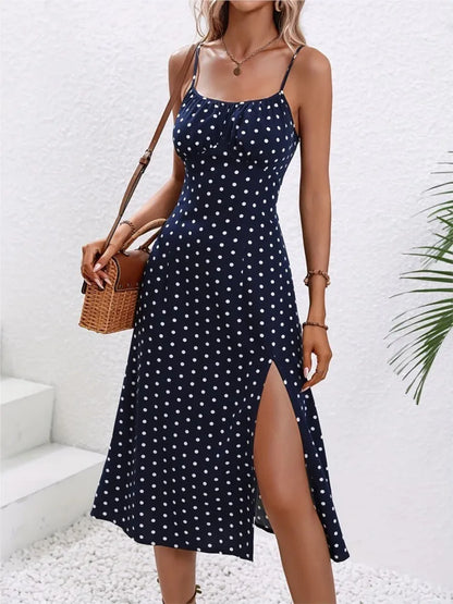 2025 Summer Sexy Spaghetti Straps Dress Women Fashion Polka Dot Print Sleeveless Slit Dress Boho Casual Beach Midi Dresses