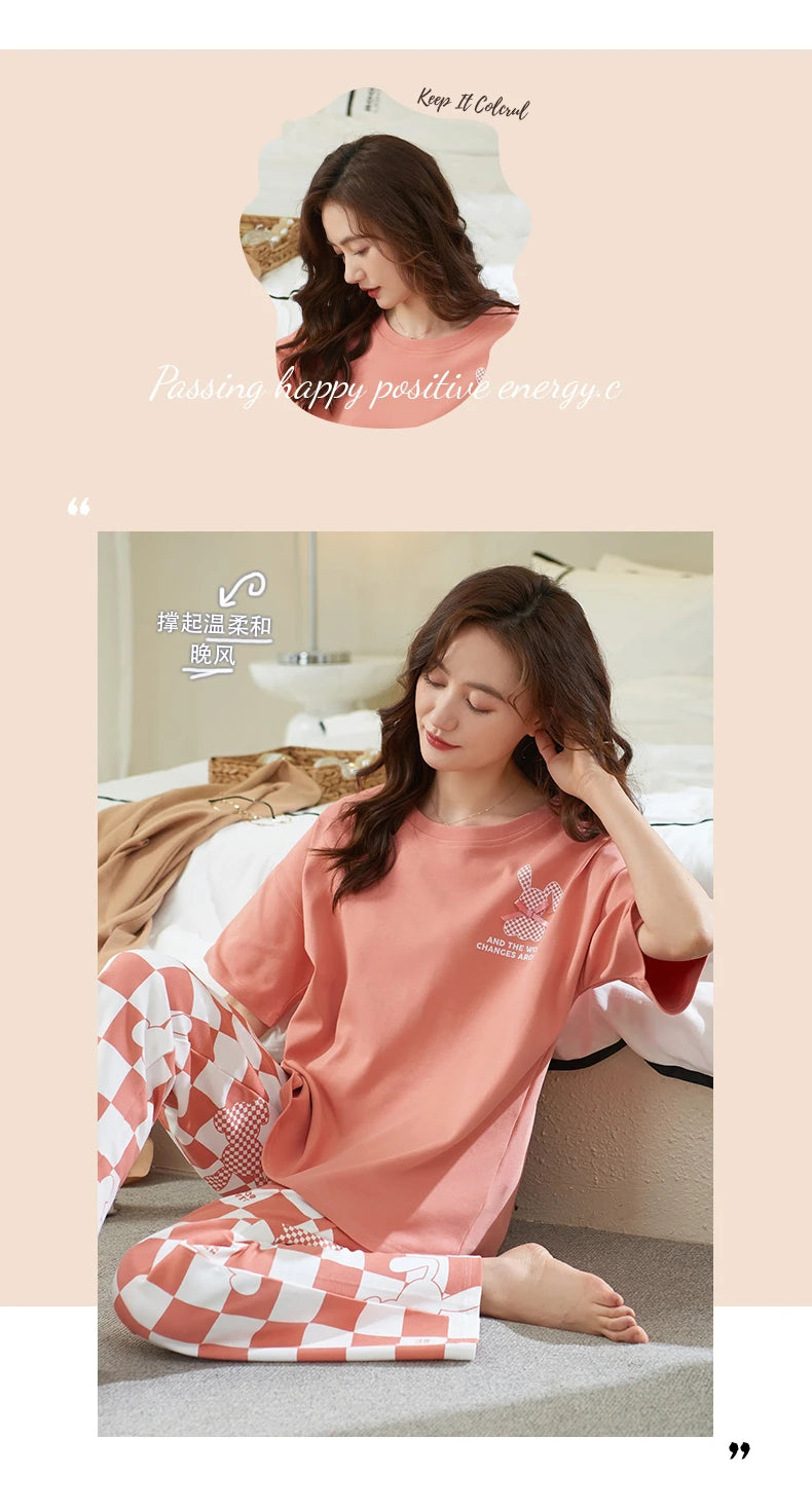 Cotton Womens Pajamas Sets Long Pants Leisure Woman's Sleepwear Ladies Elegant Lattice Printing Pajama Girls Homeware Suit