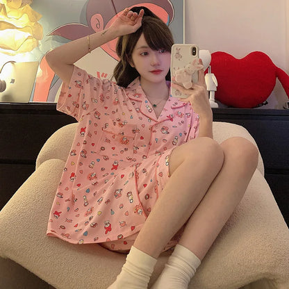 Plus Size Ins Cartoon Pajamas Set Korean Student Summer Internet Celebrity Girl Short Sleeve Shorts Thin Loose Home wear