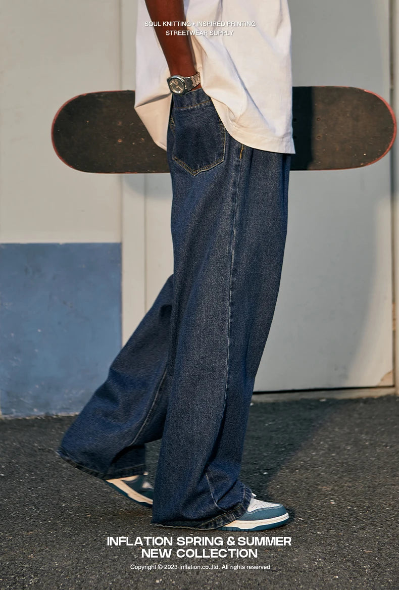 INFLATION Brown Retro Washed Denim Pants Unisex Classic Straight Leg Jeans Male Trouser Plus Size