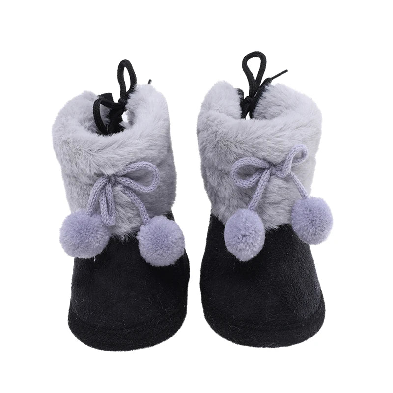 Suefunskry Toddler Baby Girls Boys Boots Winter Warm Soft Sole Fluffy Lace up Boots Cute Plush Pom Decoration Non Slip Shoes