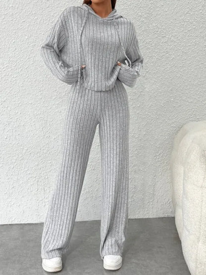 Spring Autumn Women's New Solid Color Casual Knitted Striped Hooded Sweatshirt Loose Long Sleeved Long Pants Two-piece Set