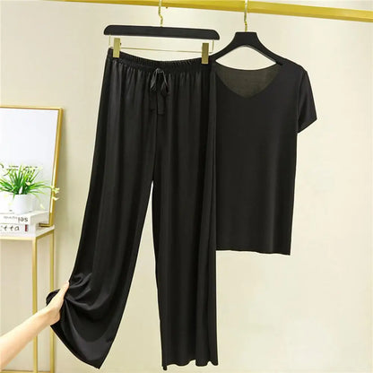 2 Pcs/Set Women T-shirt Pants Set Pleated Wide Leg V Neck Short Sleeves Loose Home wear Pullover Thin Summer Top Trousers Set