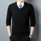 Men's Sweater Fashion Solid Color Warm Sweater Business Casual Heart Neckline Sweater Pullover Men