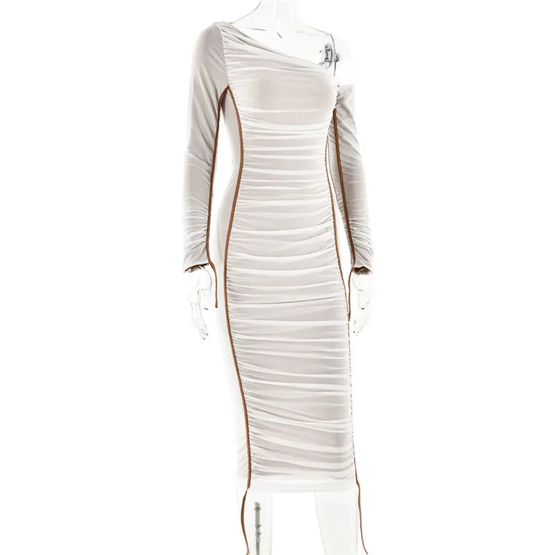 Diagonal Collar Long Sleeve Midi Dress For Women Two Layer Mesh Backless Ruched Bodycon Club Party Sexy Long Dress