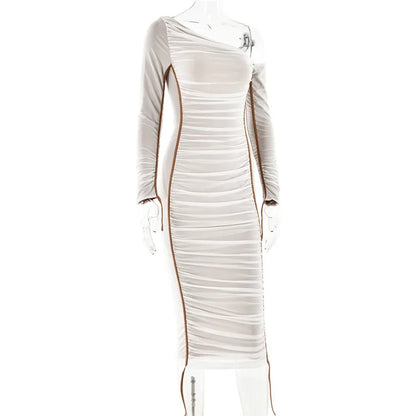 Diagonal Collar Long Sleeve Midi Dress For Women Two Layer Mesh Backless Ruched Bodycon Club Party Sexy Long Dress