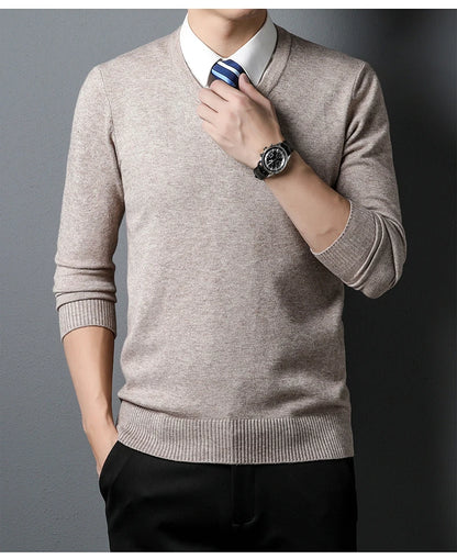 Men's Sweater Fashion Solid Color Warm Sweater Business Casual Heart Neckline Sweater Pullover Men